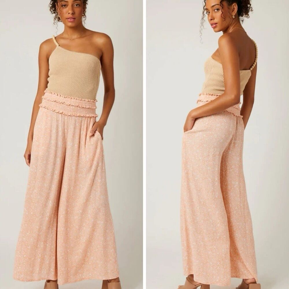 Bila77 Angelo Wide Leg Pull On Pants Womens L in Apricot Peach Boho Resortwear
